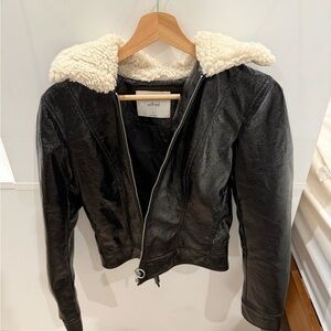 Wilfred Black Leather Jacket with Shearling Collar